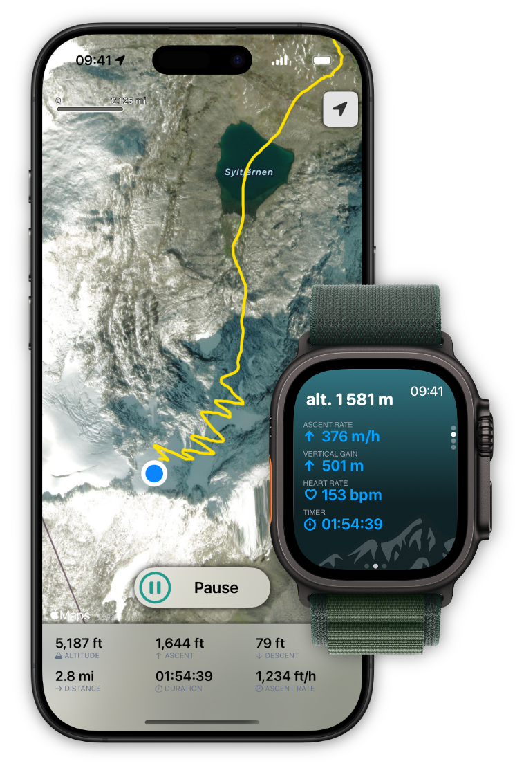Recording tracks on iPhone and Apple Watch Ultra. Showing altitude, total ascent, total descent, distance, duration, vertial rate and heart rate